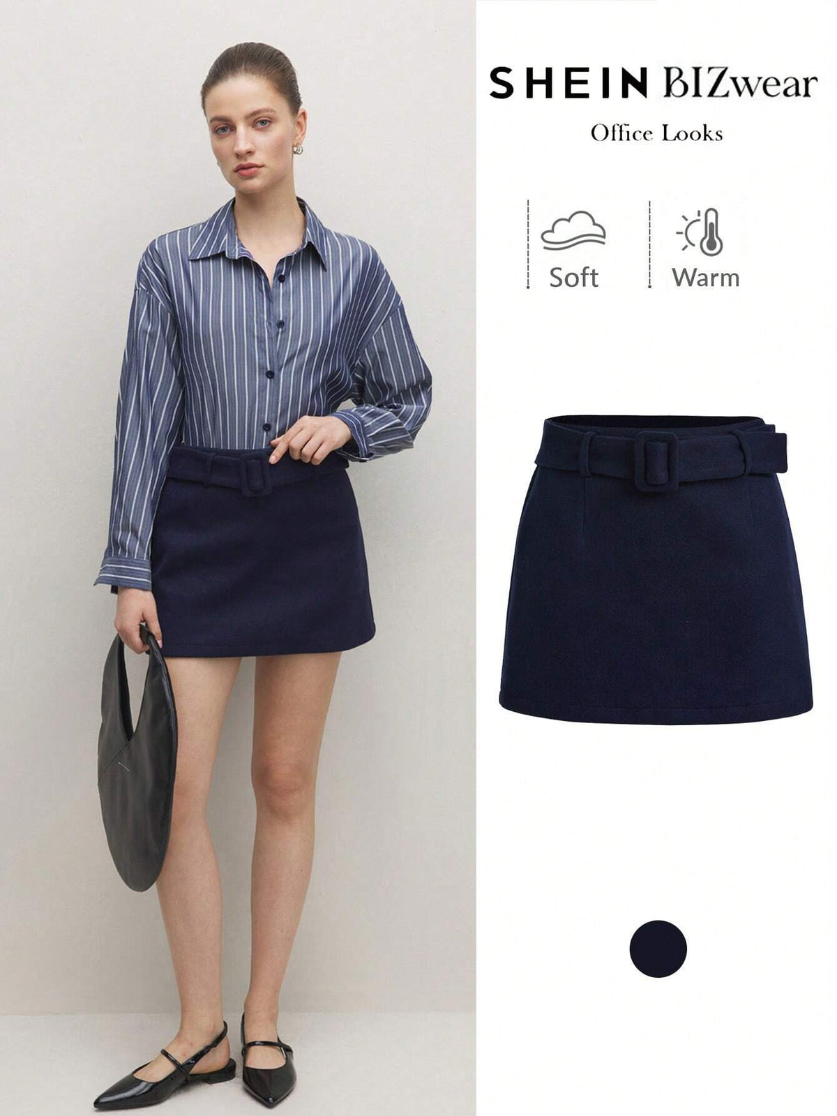 BIZwear Navy Blue Woolen Mini Skirt For Women, Cinched Waist, Party/Date Outfit, Office Wear, Fall/Winter, Christmas, Thanksgiving