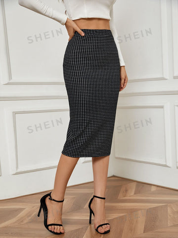 BIZwear Plaid Print Split Back Skirt Workwear