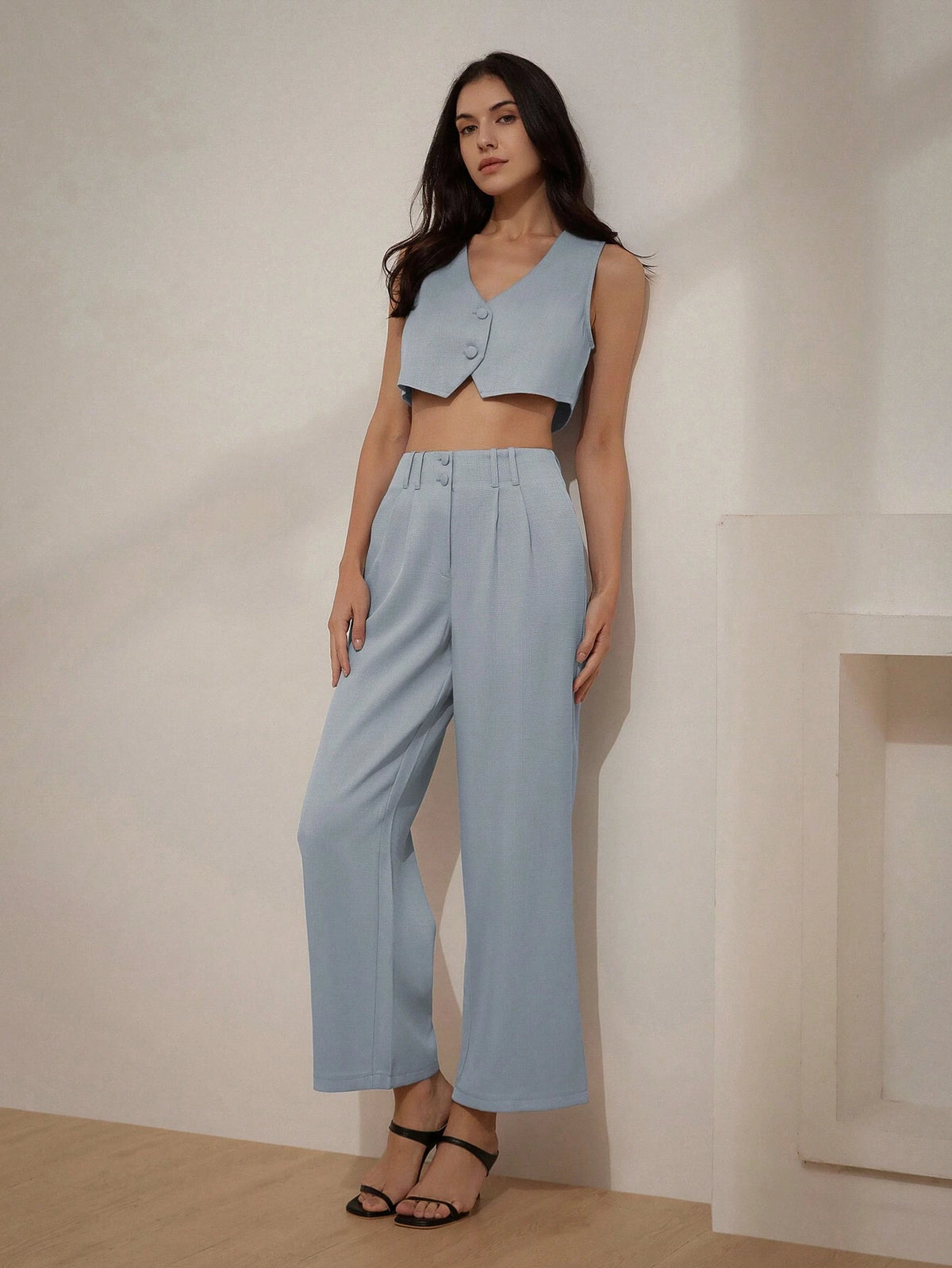 Professional Texture V-Neck Crop Top And High Waist Pleated Pants Women's Two-Piece Set For Commuting