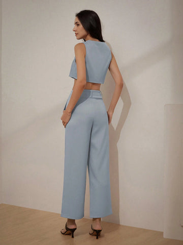 Professional Texture V-Neck Crop Top And High Waist Pleated Pants Women's Two-Piece Set For Commuting