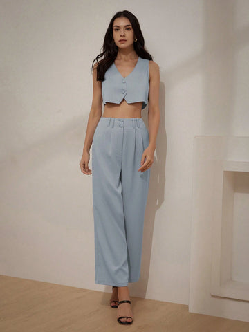 Professional Texture V-Neck Crop Top And High Waist Pleated Pants Women's Two-Piece Set For Commuting