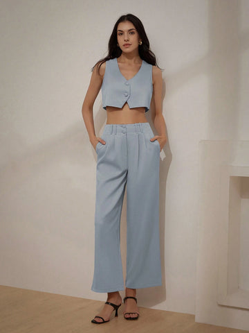 Professional Texture V-Neck Crop Top And High Waist Pleated Pants Women's Two-Piece Set For Commuting