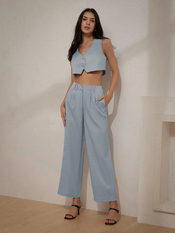 Professional Texture V-Neck Crop Top And High Waist Pleated Pants Women's Two-Piece Set For Commuting