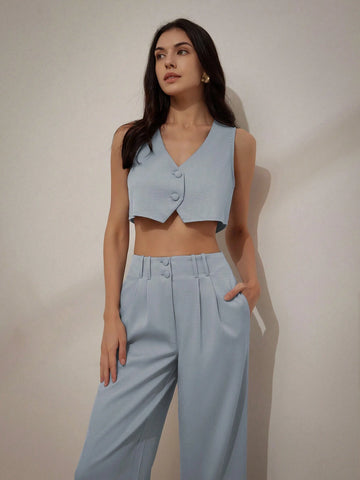 Professional Texture V-Neck Crop Top And High Waist Pleated Pants Women's Two-Piece Set For Commuting