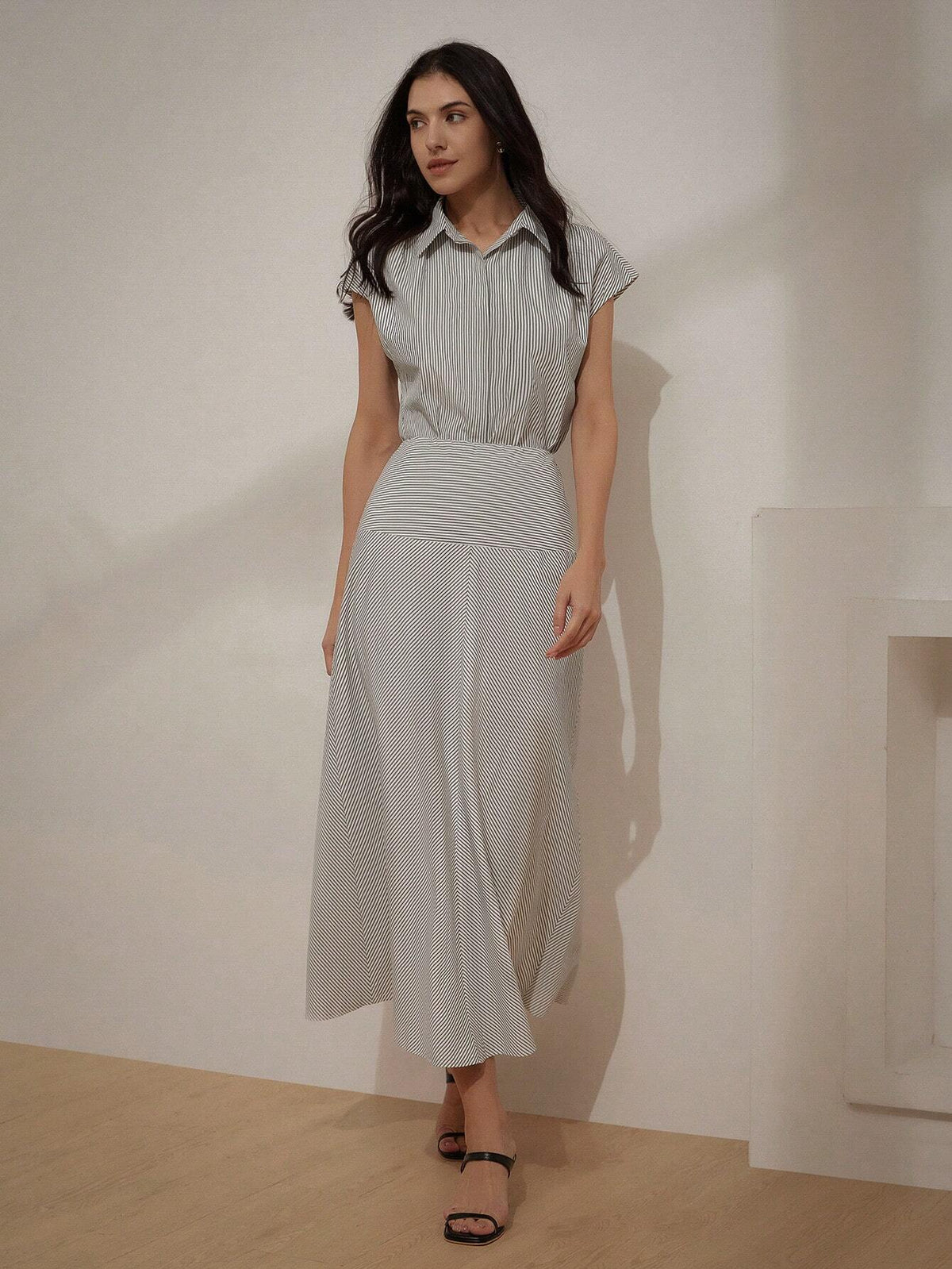 Random Classic Striped French Style High Waist Slimming Commuting Shirt Chiffon Midi Skirt Women's Summer 2pcs Set