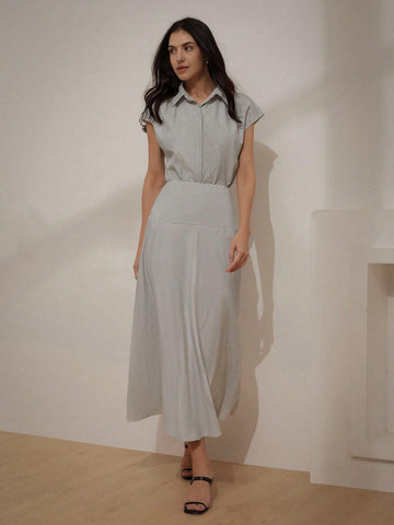 Random Classic Striped French Style High Waist Slimming Commuting Shirt Chiffon Midi Skirt Women's Summer 2pcs Set