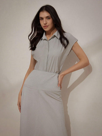 Random Classic Striped French Style High Waist Slimming Commuting Shirt Chiffon Midi Skirt Women's Summer 2pcs Set