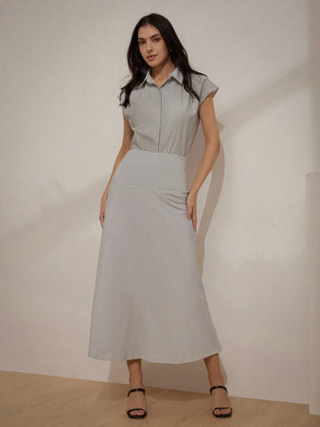 Random Classic Striped French Style High Waist Slimming Commuting Shirt Chiffon Midi Skirt Women's Summer 2pcs Set