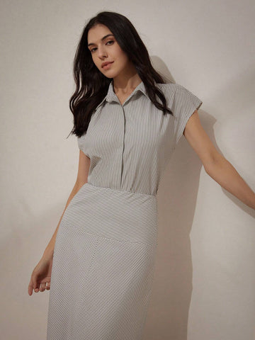 Random Classic Striped French Style High Waist Slimming Commuting Shirt Chiffon Midi Skirt Women's Summer 2pcs Set