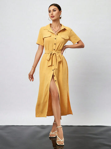Solid Color Button Front Short Sleeve Shirt Dress With Flap Detail