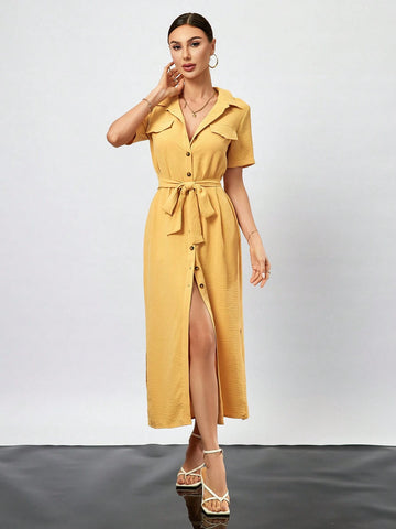 Solid Color Button Front Short Sleeve Shirt Dress With Flap Detail