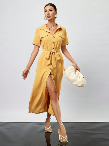 Solid Color Button Front Short Sleeve Shirt Dress With Flap Detail