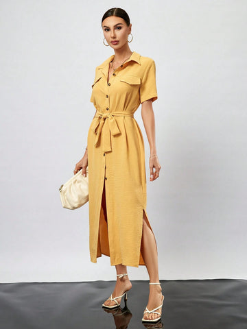 Solid Color Button Front Short Sleeve Shirt Dress With Flap Detail