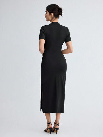 Solid Color Split Hem Belted Dress