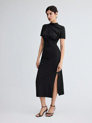 Solid Color Split Hem Belted Dress
