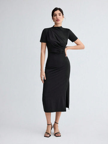 Solid Color Split Hem Belted Dress