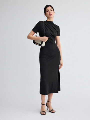 Solid Color Split Hem Belted Dress