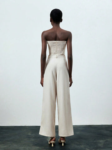 Solid Color Strapless Top & Slant Pocket Pants Two-Piece Set