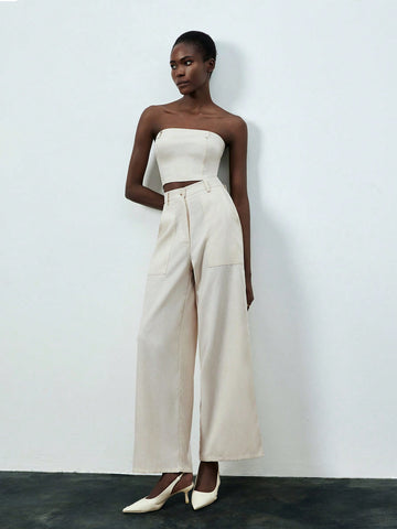 Solid Color Strapless Top & Slant Pocket Pants Two-Piece Set