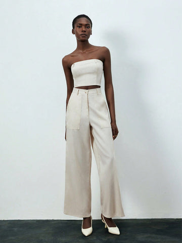 Solid Color Strapless Top & Slant Pocket Pants Two-Piece Set