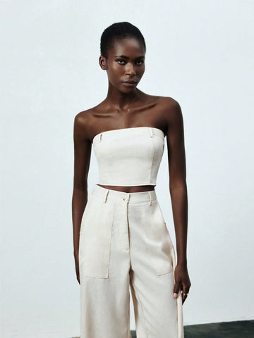 Solid Color Strapless Top & Slant Pocket Pants Two-Piece Set
