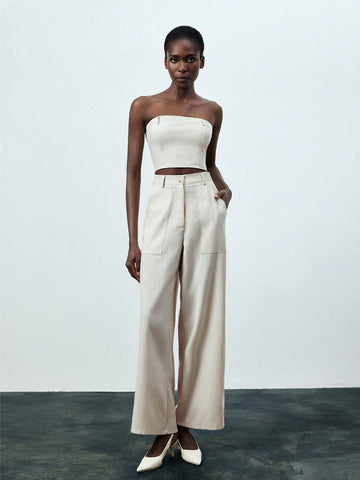 Solid Color Strapless Top & Slant Pocket Pants Two-Piece Set
