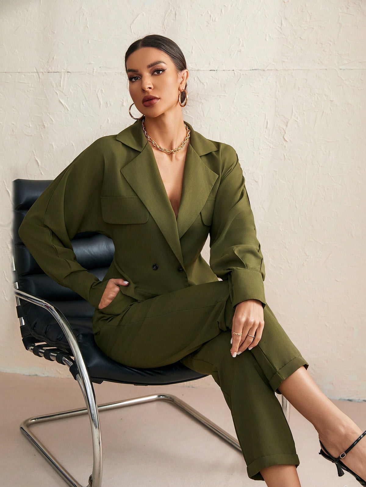 Solid Color Suit Collar Long Sleeve Top And Pants Set