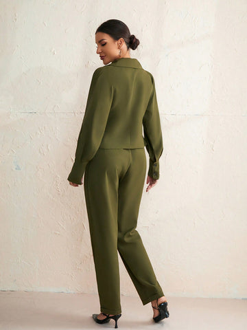 Solid Color Suit Collar Long Sleeve Top And Pants Set