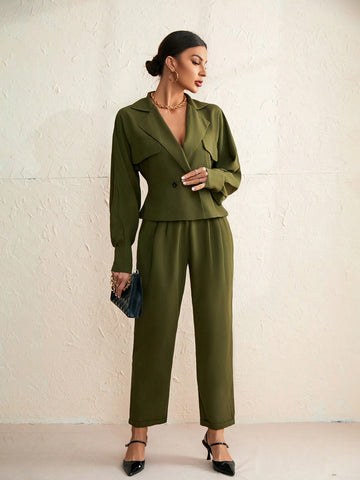 Solid Color Suit Collar Long Sleeve Top And Pants Set