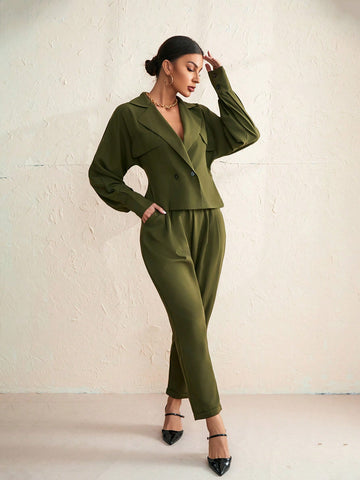 Solid Color Suit Collar Long Sleeve Top And Pants Set