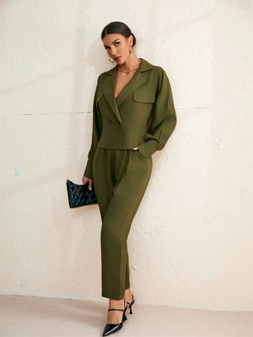 Solid Color Suit Collar Long Sleeve Top And Pants Set