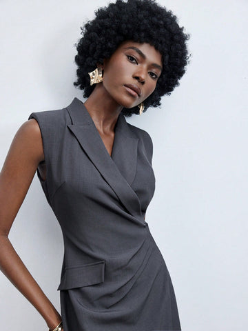 Solid Color Women's Lapel Wrapped Dress