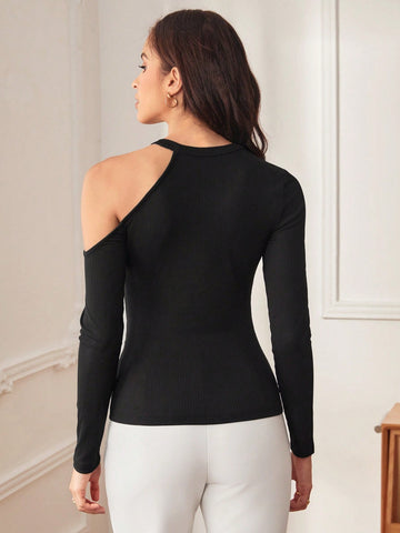 Solid Cut Out Shoulder Ribbed Knit Tee
