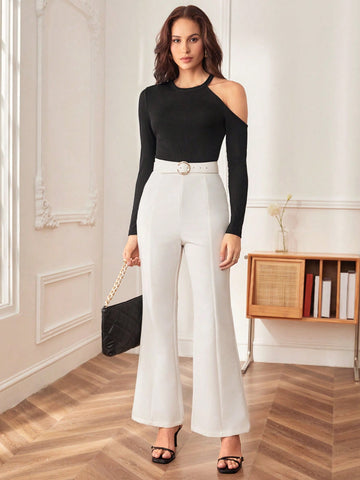 Solid Cut Out Shoulder Ribbed Knit Tee