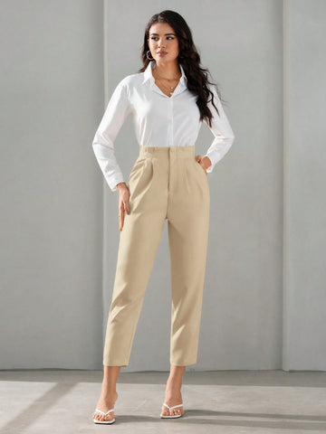 BIZwear Solid Fold Pleated Detail Cropped Pants