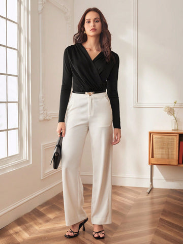 Solid Surplice Neck Bodysuit