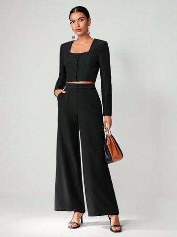 Square Neck Crop Top & Wide Leg Pants