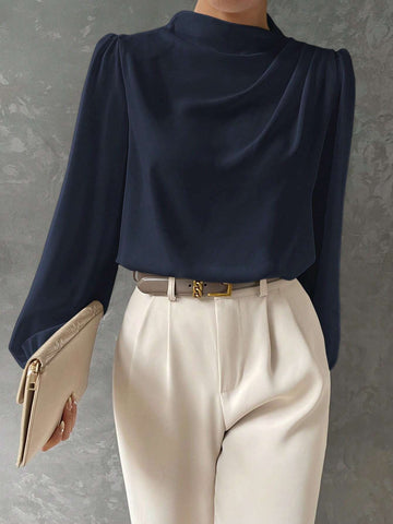 BIZwear Stand Collar Drape Elegant Office Wear Long Sleeve Blouse