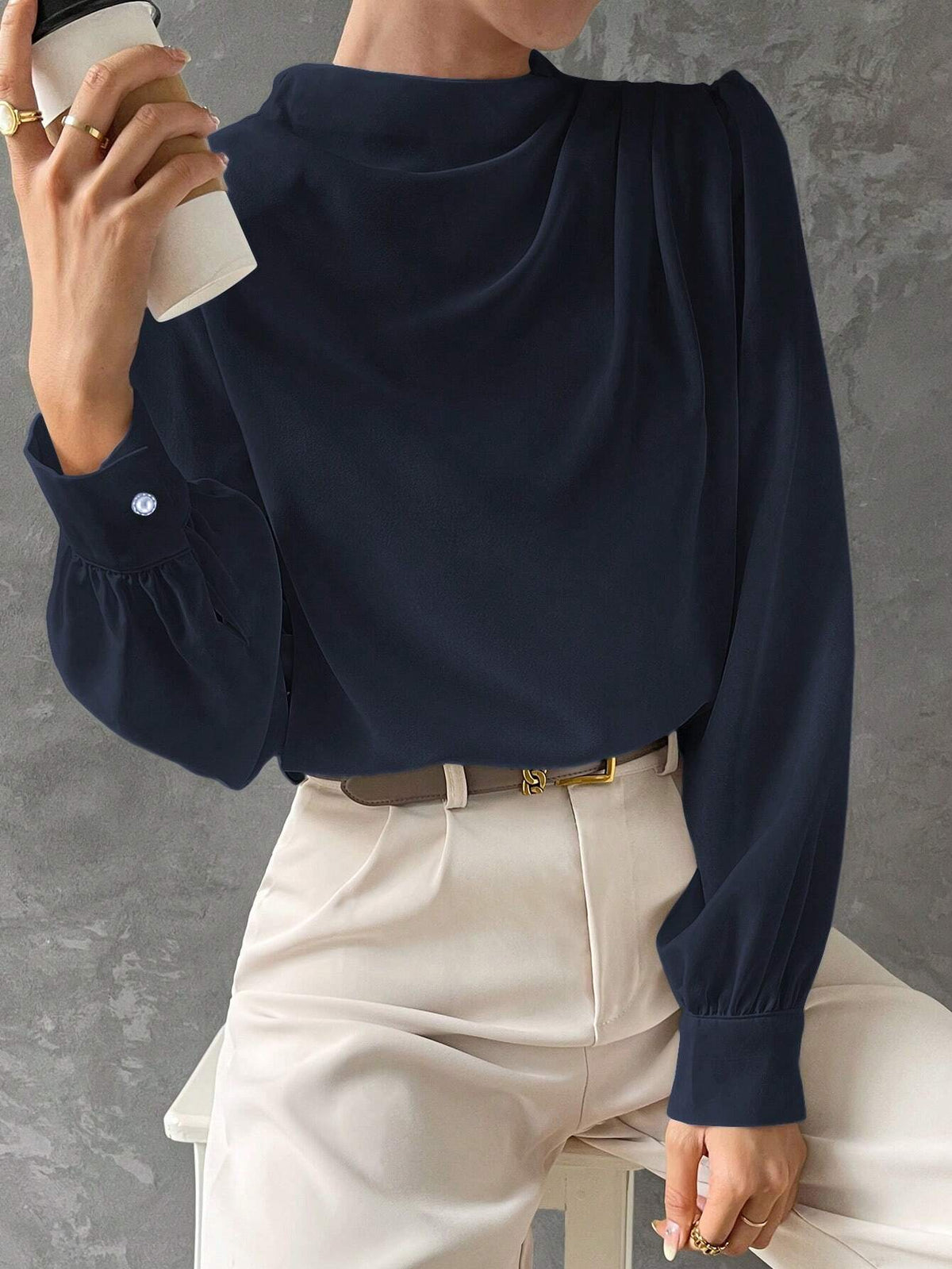 BIZwear Stand Collar Drape Elegant Office Wear Long Sleeve Blouse
