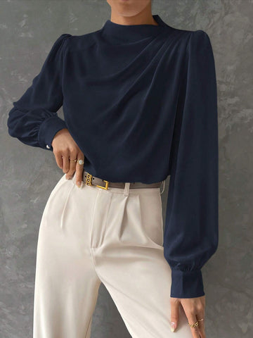 BIZwear Stand Collar Drape Elegant Office Wear Long Sleeve Blouse