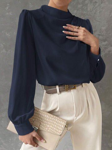 BIZwear Stand Collar Drape Elegant Office Wear Long Sleeve Blouse