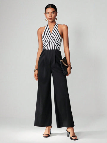 Striped Print Halter Neck Wide Leg Jumpsuit
