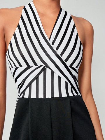 Striped Print Halter Neck Wide Leg Jumpsuit