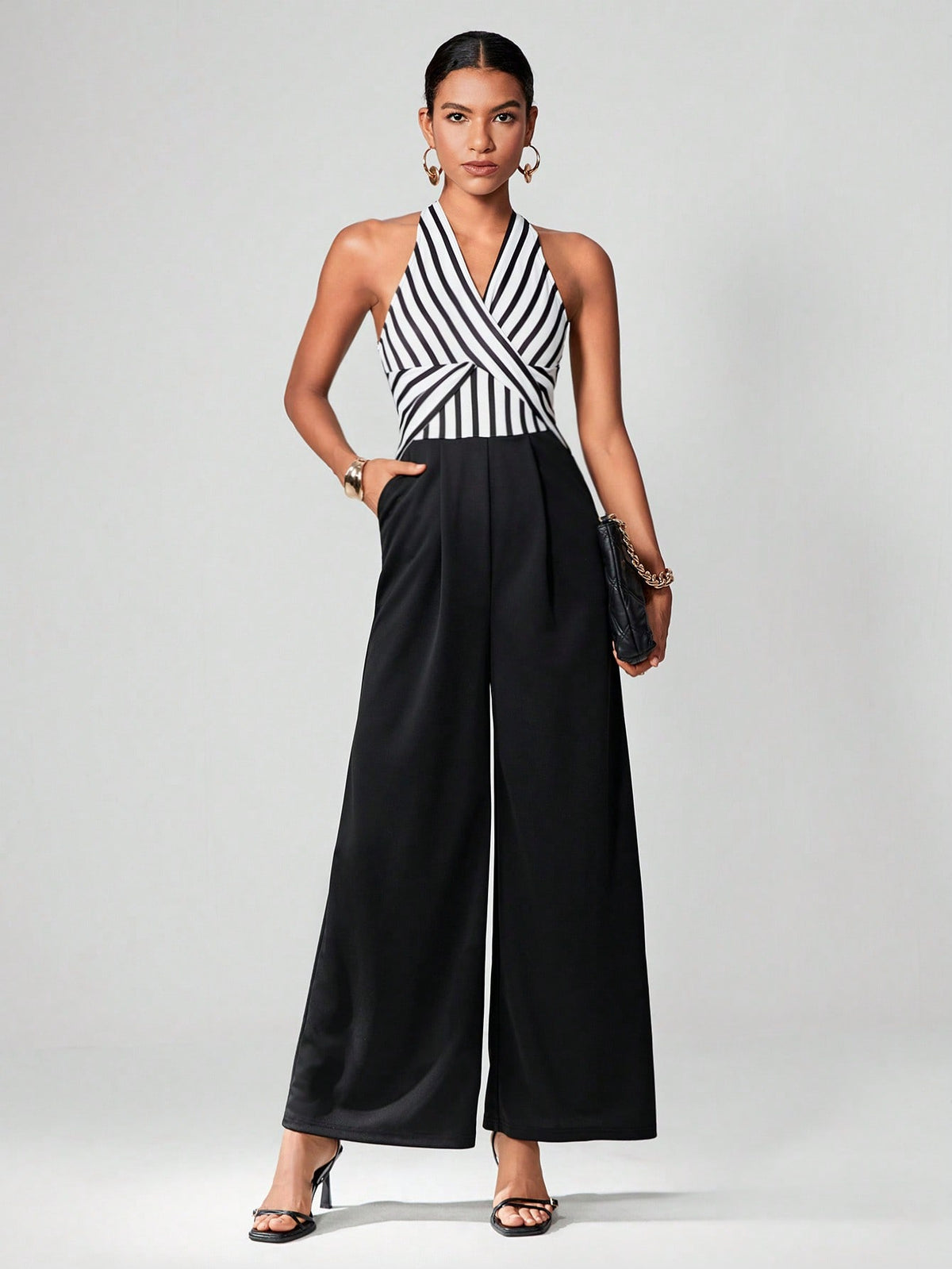 Striped Print Halter Neck Wide Leg Jumpsuit