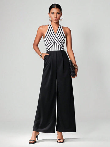 Striped Print Halter Neck Wide Leg Jumpsuit