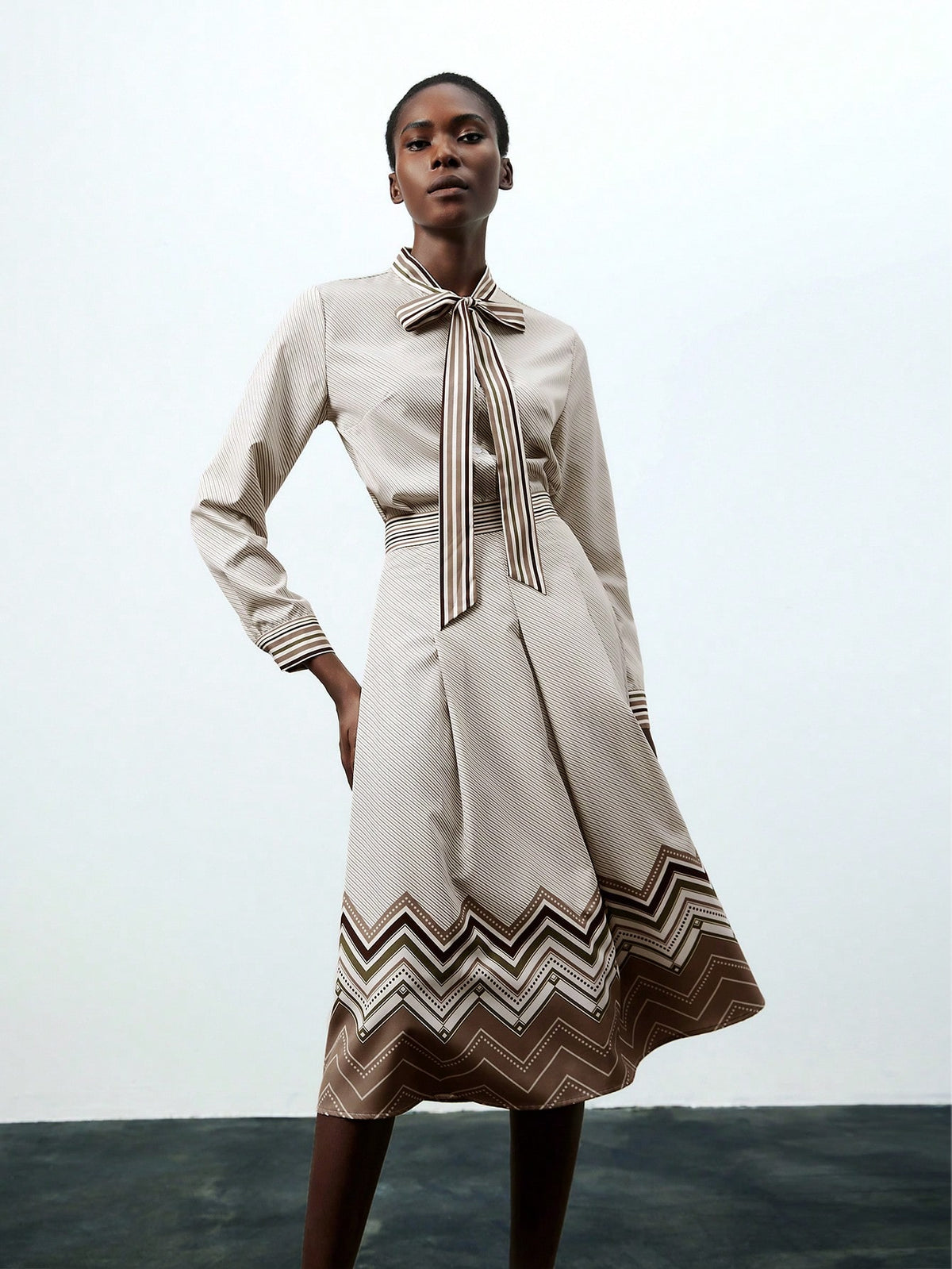 Striped Print Long Sleeve Ladies' Shirt And Skirt 2pcs Set