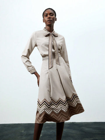 Striped Print Long Sleeve Ladies' Shirt And Skirt 2pcs Set