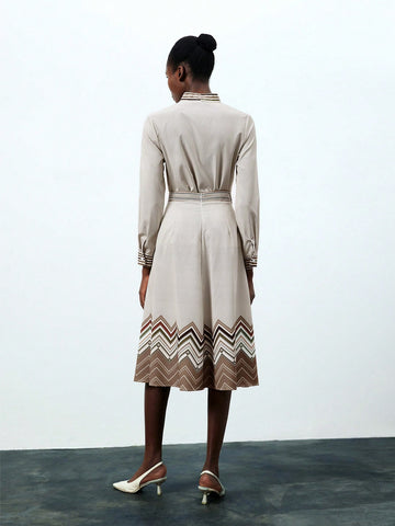 Striped Print Long Sleeve Ladies' Shirt And Skirt 2pcs Set