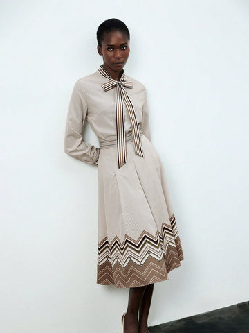 Striped Print Long Sleeve Ladies' Shirt And Skirt 2pcs Set