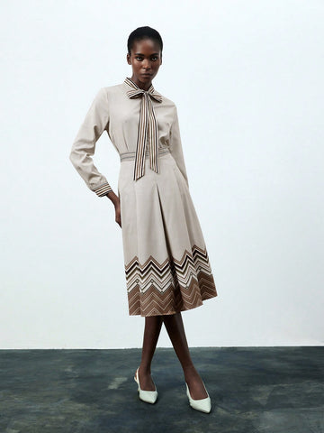 Striped Print Long Sleeve Ladies' Shirt And Skirt 2pcs Set